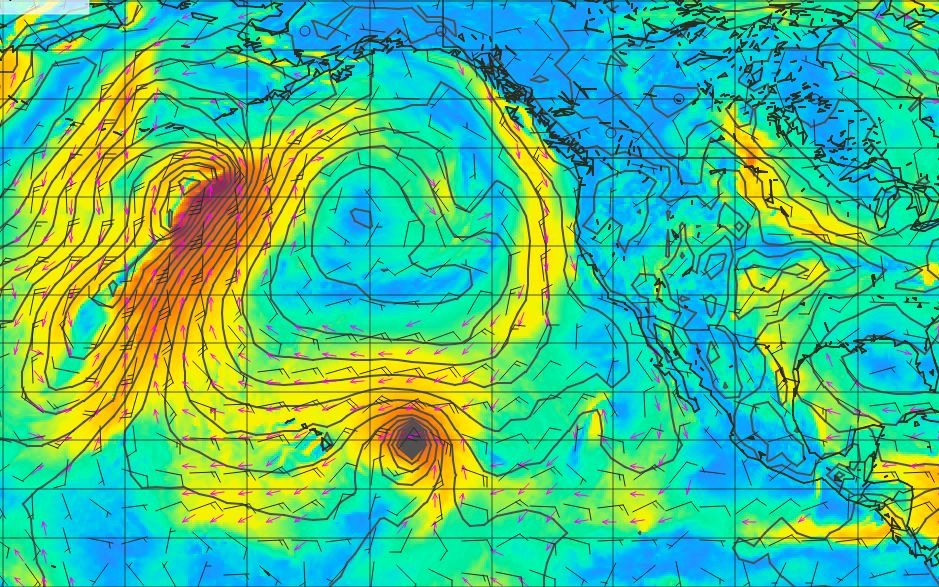 GFS surface analysis showing isobars and wind flow