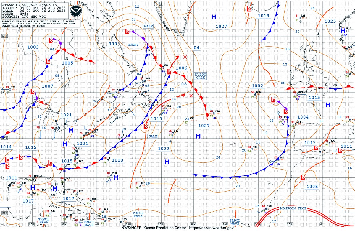 NOAA Ocean Prediction Center surface analysis of the North Atlantic showing isobars, fronts, low pressure centers, and gale warning areas